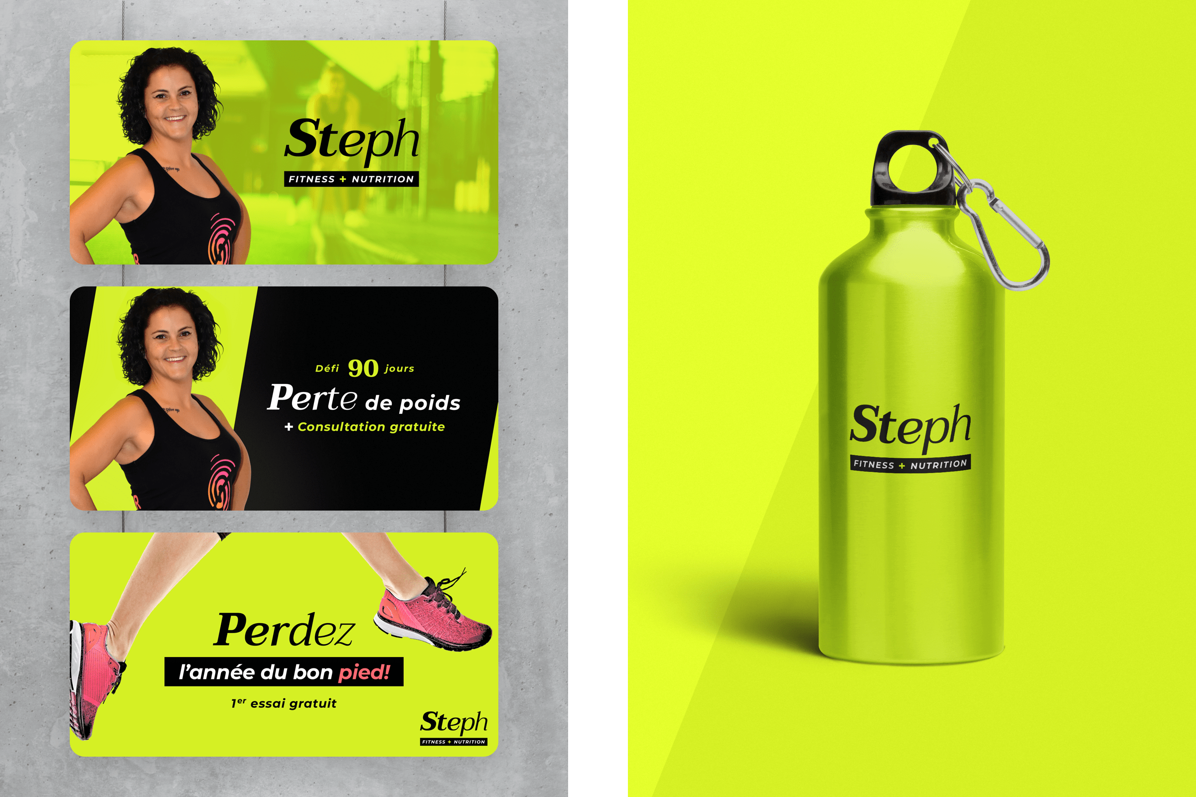 Objet promotionnel bouteille d'eau promotionnelle Steph Fitness+Nutrition | Slash Studio Numérique